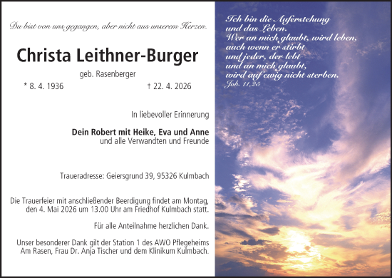 Anzeige von Christa Leithner-Burger von MGO