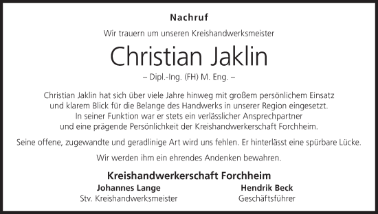Anzeige von Christian Jaklin von MGO