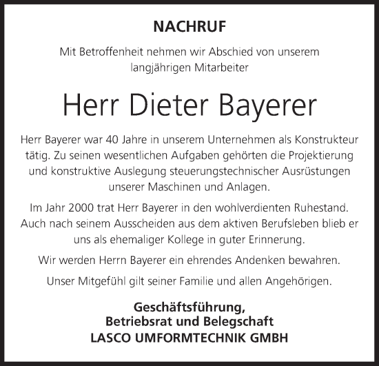 Anzeige von Dieter Bayerer von MGO