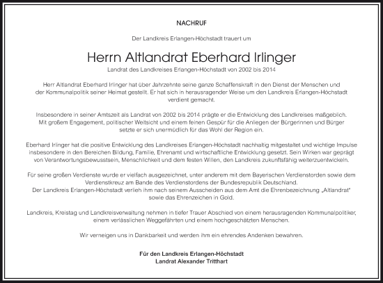 Anzeige von Eberhard Irlinger von MGO