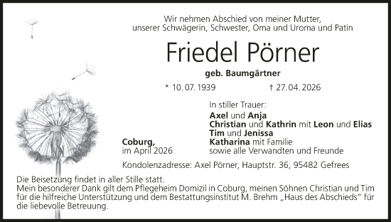 Anzeige von Friedel Pörner von MGO