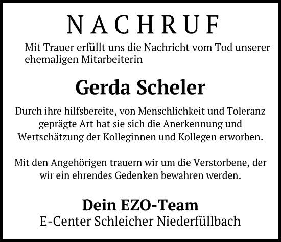 Anzeige von Gerda Scheler von MGO