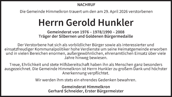 Anzeige von Gerold Hunkler von MGO