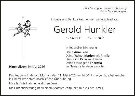 Anzeige von Gerold Hunkler von MGO