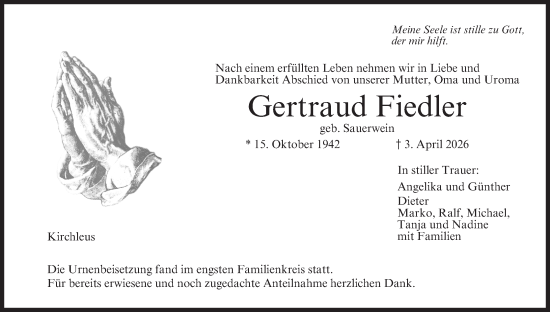 Anzeige von Gertraud Fiedler von MGO