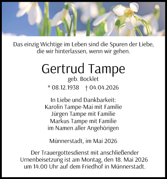 Anzeige von Gertrud Tampe von MGO