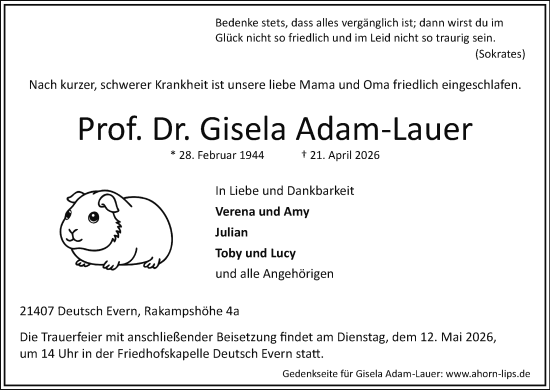 Anzeige von Gisela Adam-Lauer von MGO