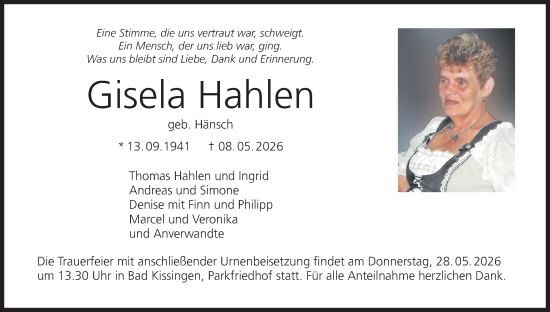 Anzeige von Gisela Hahlen von MGO