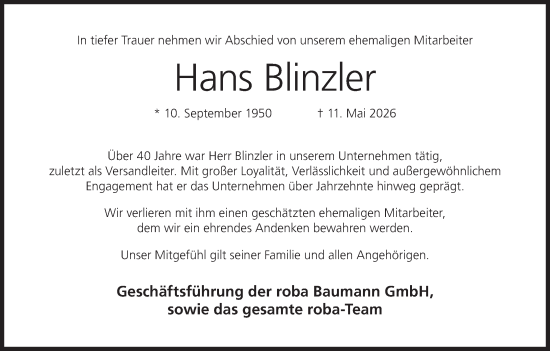 Anzeige von Hans Blinzler von MGO