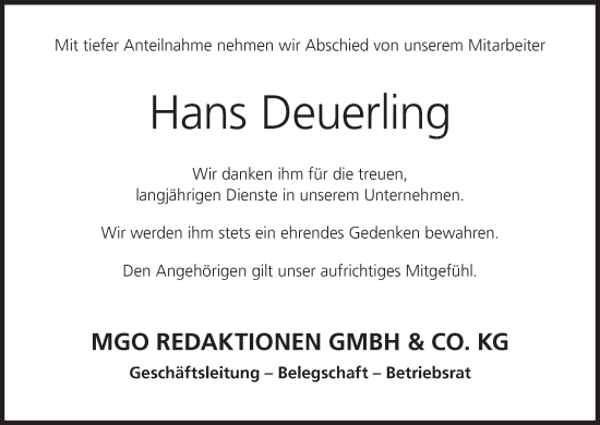 Anzeige von Hans Deuerling von MGO