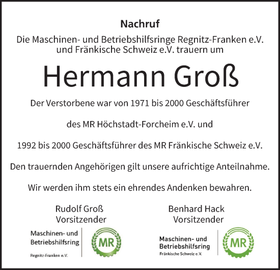 Anzeige von Hermann Groß von MGO