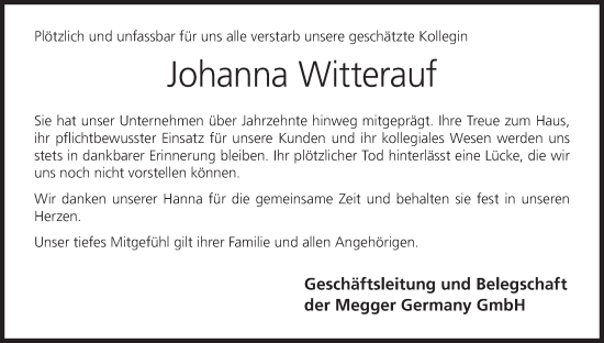 Anzeige von Johanna Witterauf von MGO