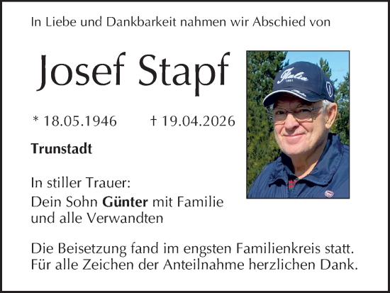 Anzeige von Josef Stapf von MGO