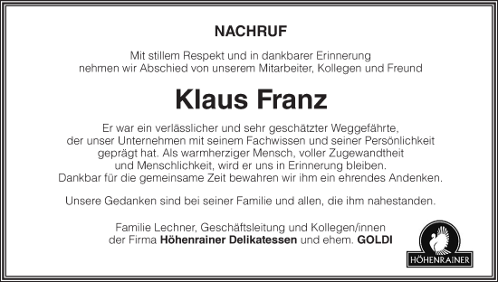 Anzeige von Klaus Franz von MGO
