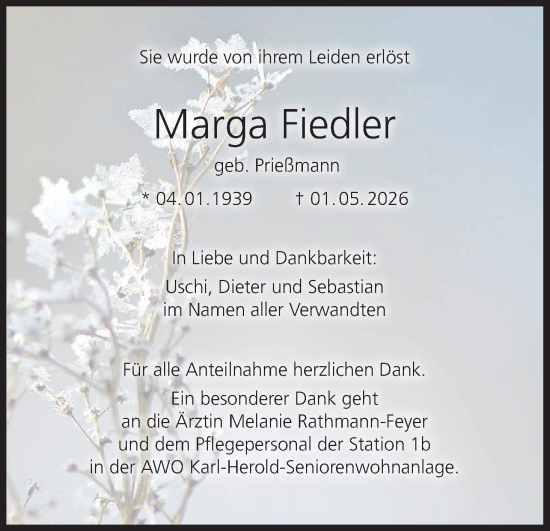 Anzeige von Marga Fiedler von MGO