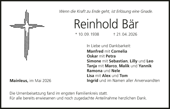 Anzeige von Reinhold Bär von MGO