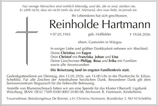 Anzeige von Reinholde Hartmann von MGO