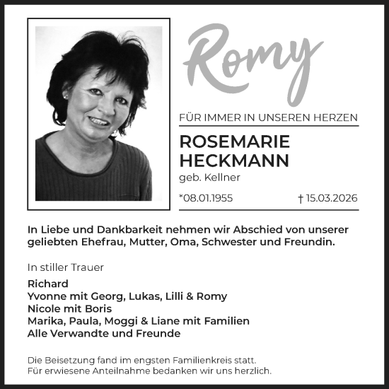 Anzeige von Rosemarie Heckmann von MGO