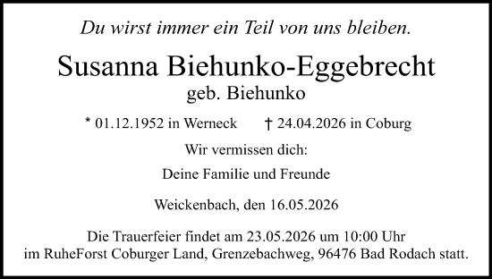Anzeige von Susanna Biehunko-Eggebrecht von MGO