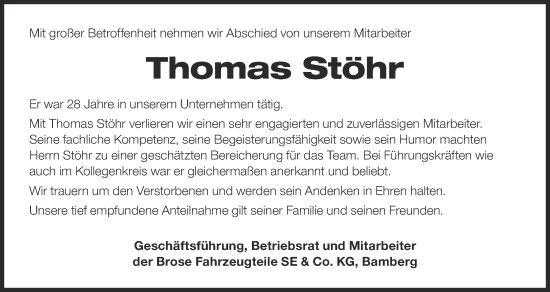 Anzeige von Thomas Stöhr von MGO