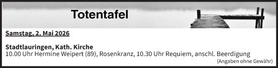 Anzeige von Totentafel vom 02.05.2026 von MGO