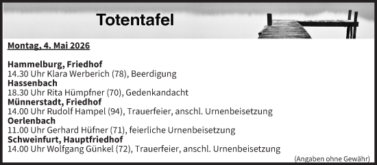Anzeige von Totentafel vom 04.05.2026 von MGO