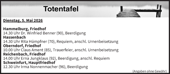 Anzeige von Totentafel vom 05.05.2026 von MGO