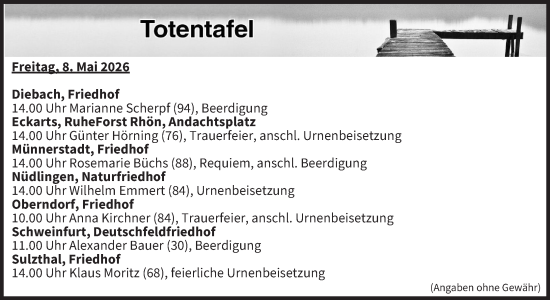 Anzeige von Totentafel vom 08.05.2026 von MGO