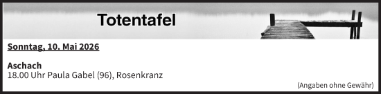 Anzeige von Totentafel vom 09.05.2026 von MGO