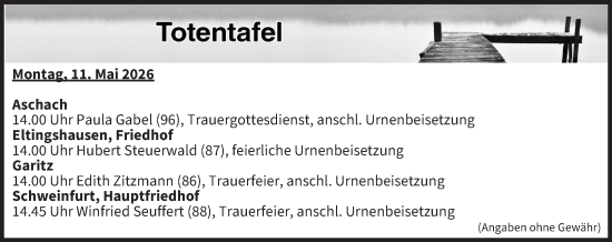 Anzeige von Totentafel vom 11.05.2026 von MGO