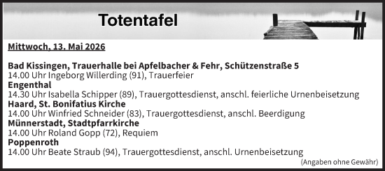 Anzeige von Totentafel vom 13.05.2026 von MGO