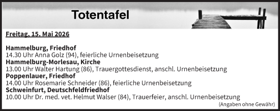 Anzeige von Totentafel vom 15.05.2026 von MGO