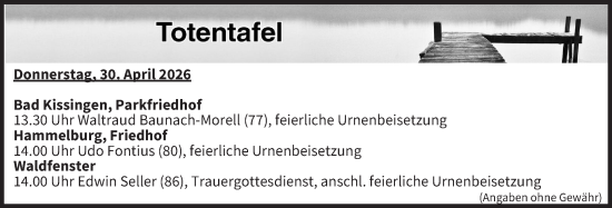 Anzeige von Totentafel vom 30.04.2026 von MGO