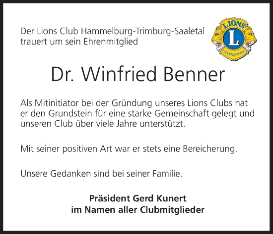 Anzeige von Winfried Benner von MGO