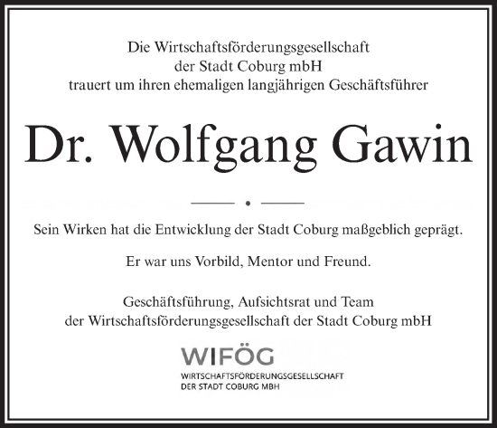 Anzeige von Wolfgang Gawin von MGO