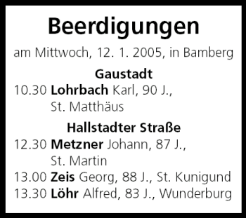 Anzeige von Beerdigungen vom 12.01.2005 von MGO
