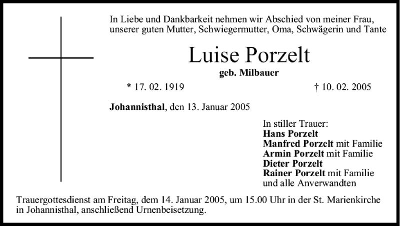  Traueranzeige für Luise Porzelt vom 13.01.2005 aus MGO