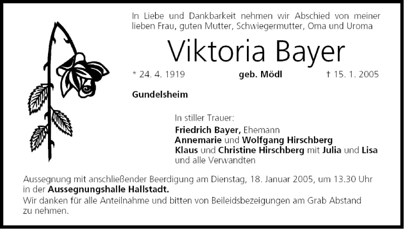 Traueranzeige für Viktoria Bayer vom 17.01.2005 aus MGO