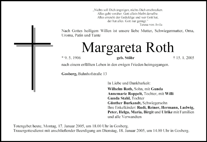  Traueranzeige für Margareta Roth vom 17.01.2005 aus MGO