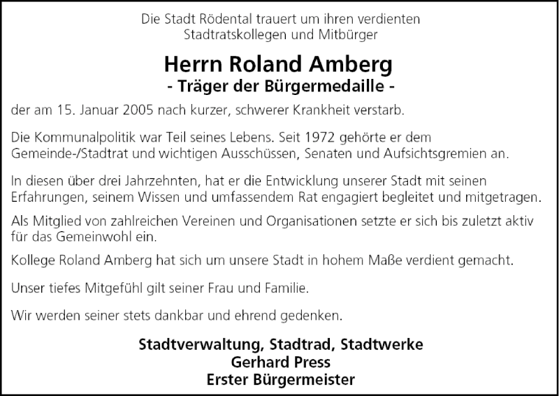  Traueranzeige für Roland Amberg vom 19.01.2005 aus MGO