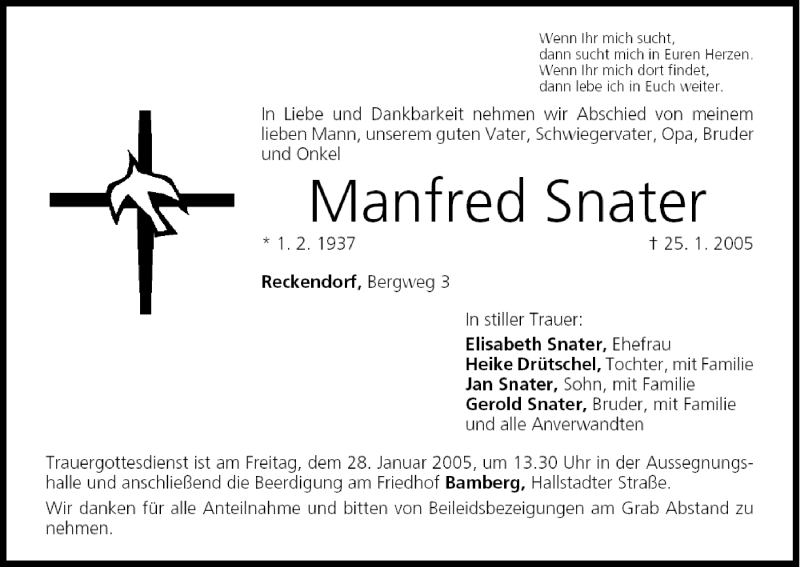  Traueranzeige für Manfred Snater vom 27.01.2005 aus MGO