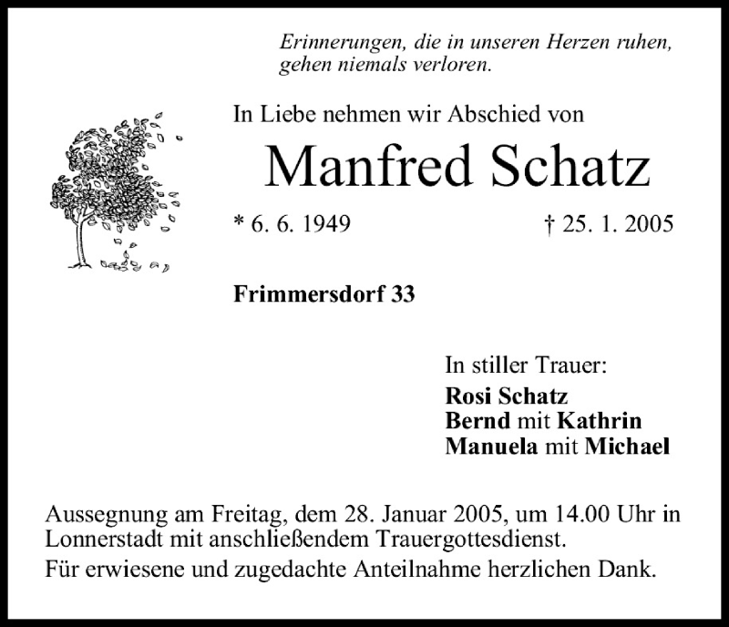  Traueranzeige für Manfred Schatz vom 27.01.2005 aus MGO