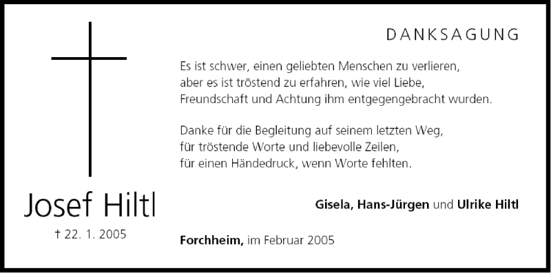  Traueranzeige für Josef Hiltl vom 05.02.2005 aus MGO