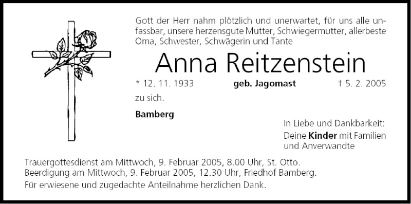  Traueranzeige für Anna Reitzenstein vom 08.02.2005 aus MGO