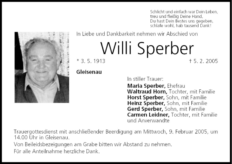  Traueranzeige für Willi Sperber vom 08.02.2005 aus MGO