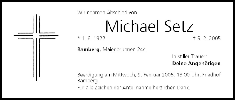  Traueranzeige für Michael Setz vom 08.02.2005 aus MGO