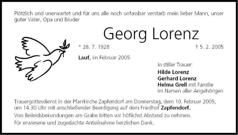  Traueranzeige für Georg Lorenz vom 09.02.2005 aus MGO