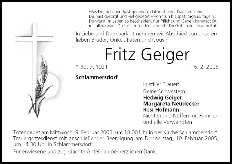  Traueranzeige für Fritz Geiger vom 08.02.2005 aus MGO