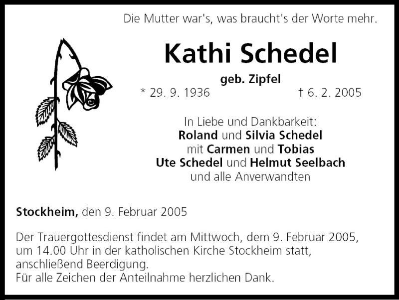 Traueranzeige für Kathi Schedel vom 08.02.2005 aus MGO