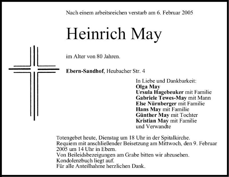  Traueranzeige für Heinrich May vom 08.02.2005 aus MGO